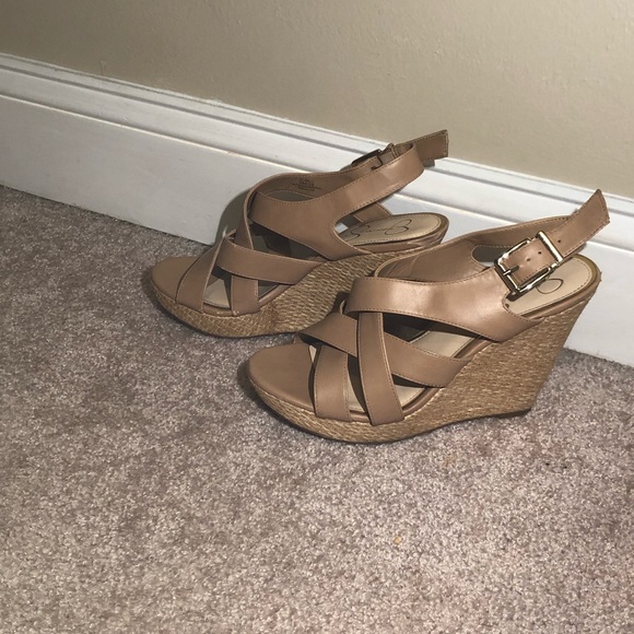 Tan Peep Toe Wedges - Picture 3 of 6